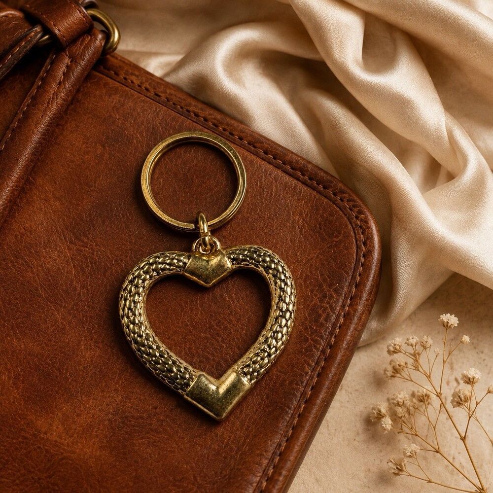 NOS Vintage Gold Tone Textured Open Heart Keychain Purse Bag Charm